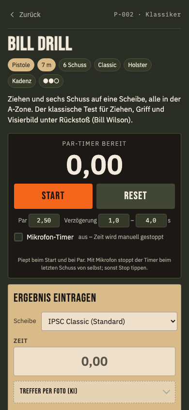 Eine Drill-Seite mit Ablauf und Par-Zeit